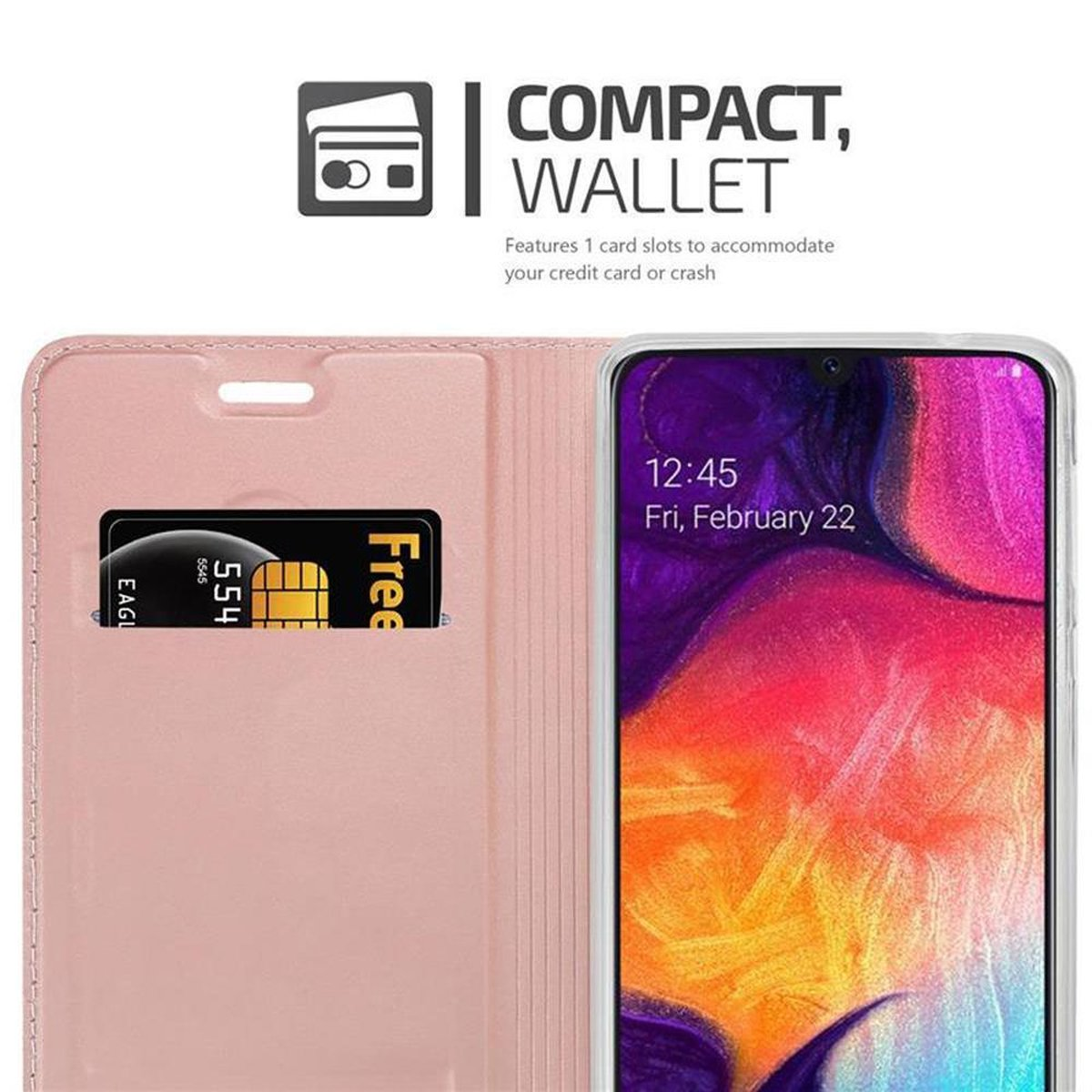 Una custodia per telefono rosa chiaro con un telefono all'interno e uno slot per carte di credito, con una carta.