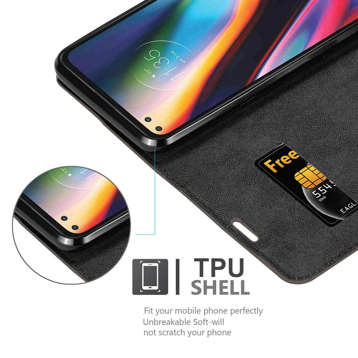 Un telefono si trova in una custodia con una carta di credito. La custodia ha un guscio in TPU e uno slot per una carta.