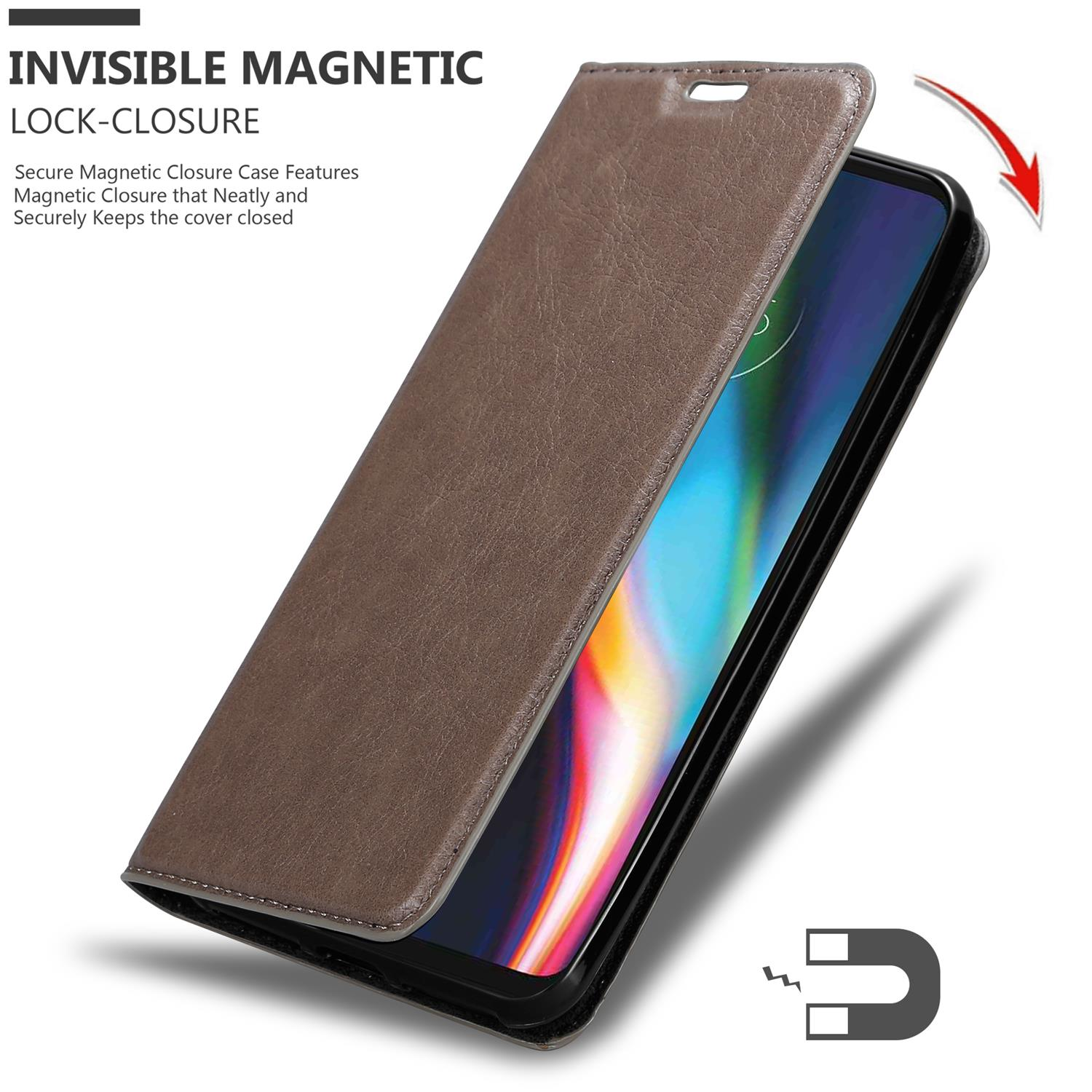 Custodia marrone con telefono, chiusura magnetica e testo sulla chiusura.