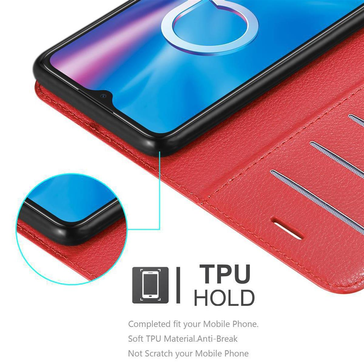 Rote Handyhülle geöffnet mit Telefon. Text: 'TPU HOLD'.