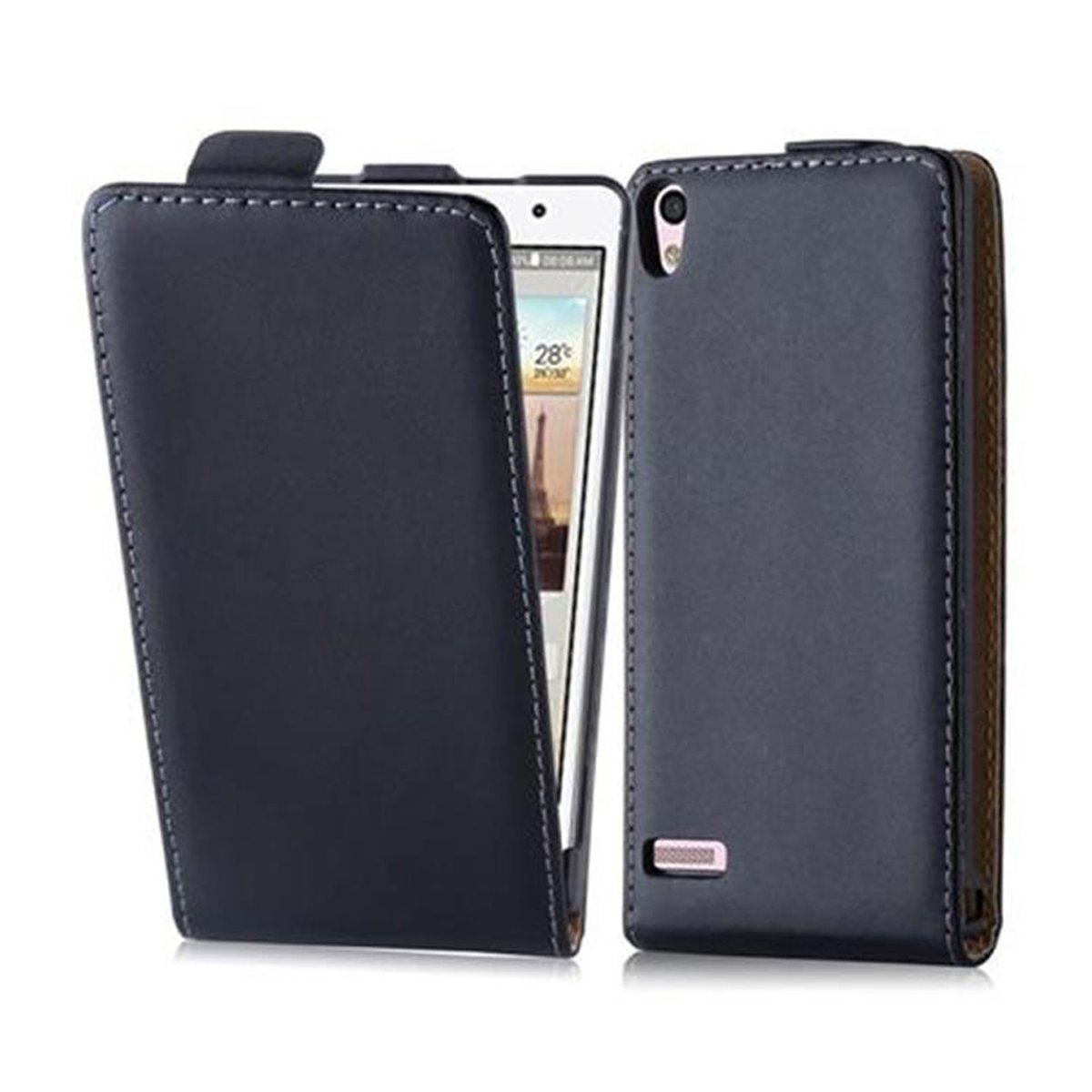 Funda de teléfono negra con un teléfono dentro. Presenta una cubierta negra y una pantalla.