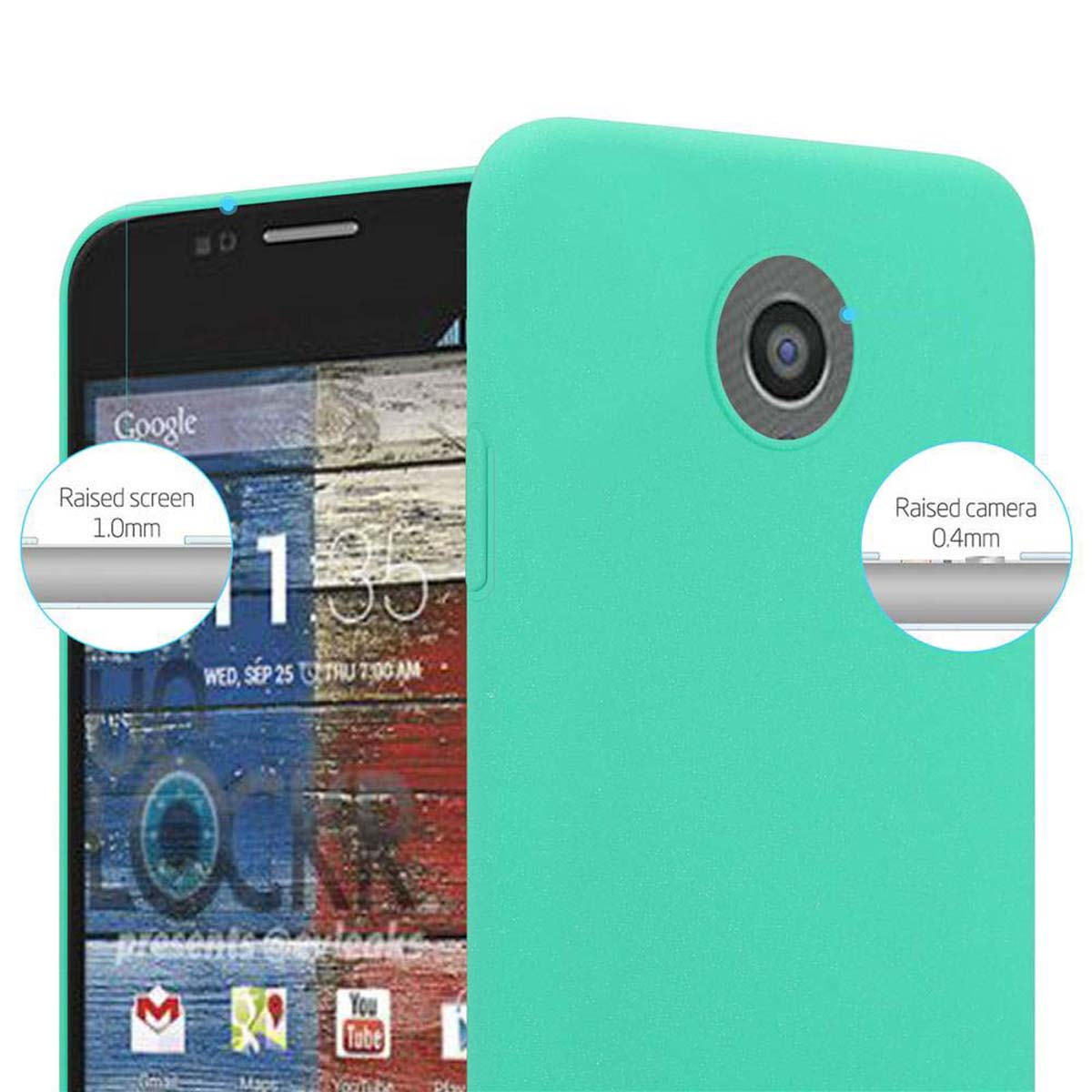 Una custodia per telefono verde acqua, con schermo Google e testo che mostra schermo/fotocamera rialzati.
