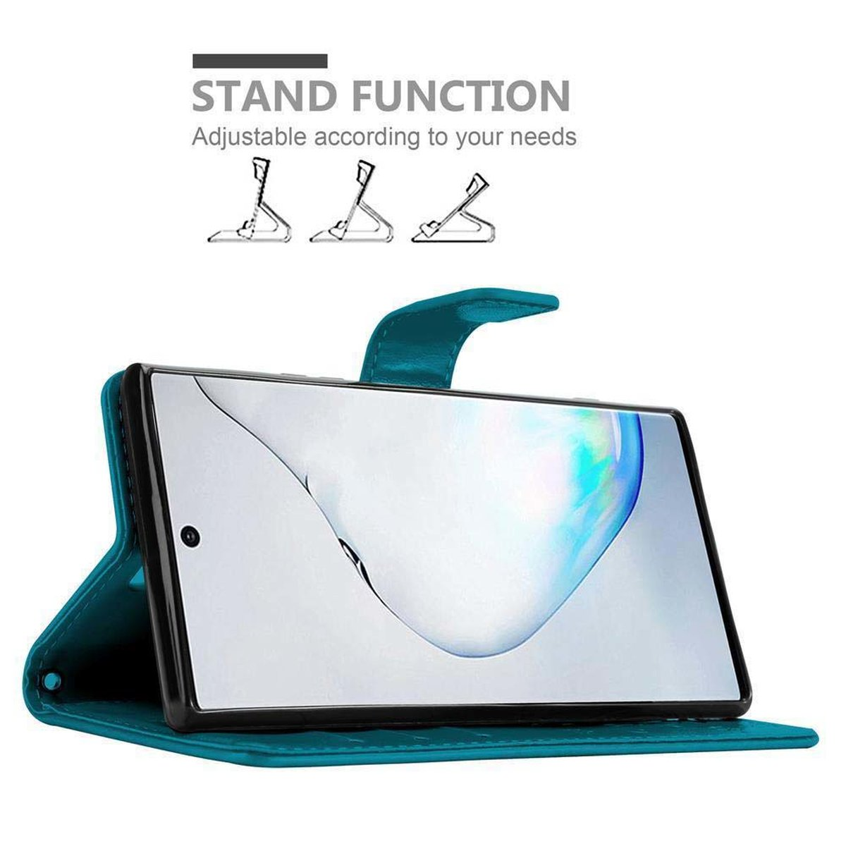 Custodia per telefono color verde acqua con un telefono all'interno, aperta. Lo schermo mostra una funzione di supporto e posizioni regolabili.