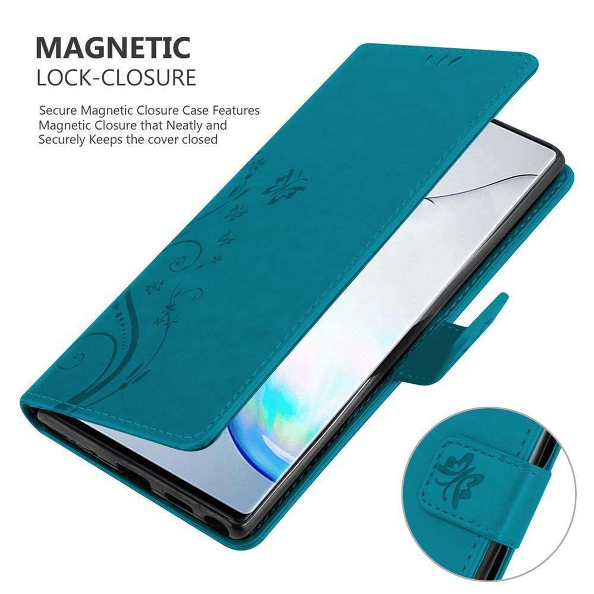 Custodia per telefono verde acqua, aperta, con un telefono all'interno. Caratterizzata da chiusura magnetica e design floreale.