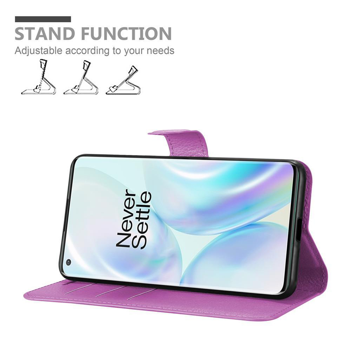 Custodia del telefono con funzione stand, schermo del telefono mostra il testo: 'Never Settle'. Colore viola.
