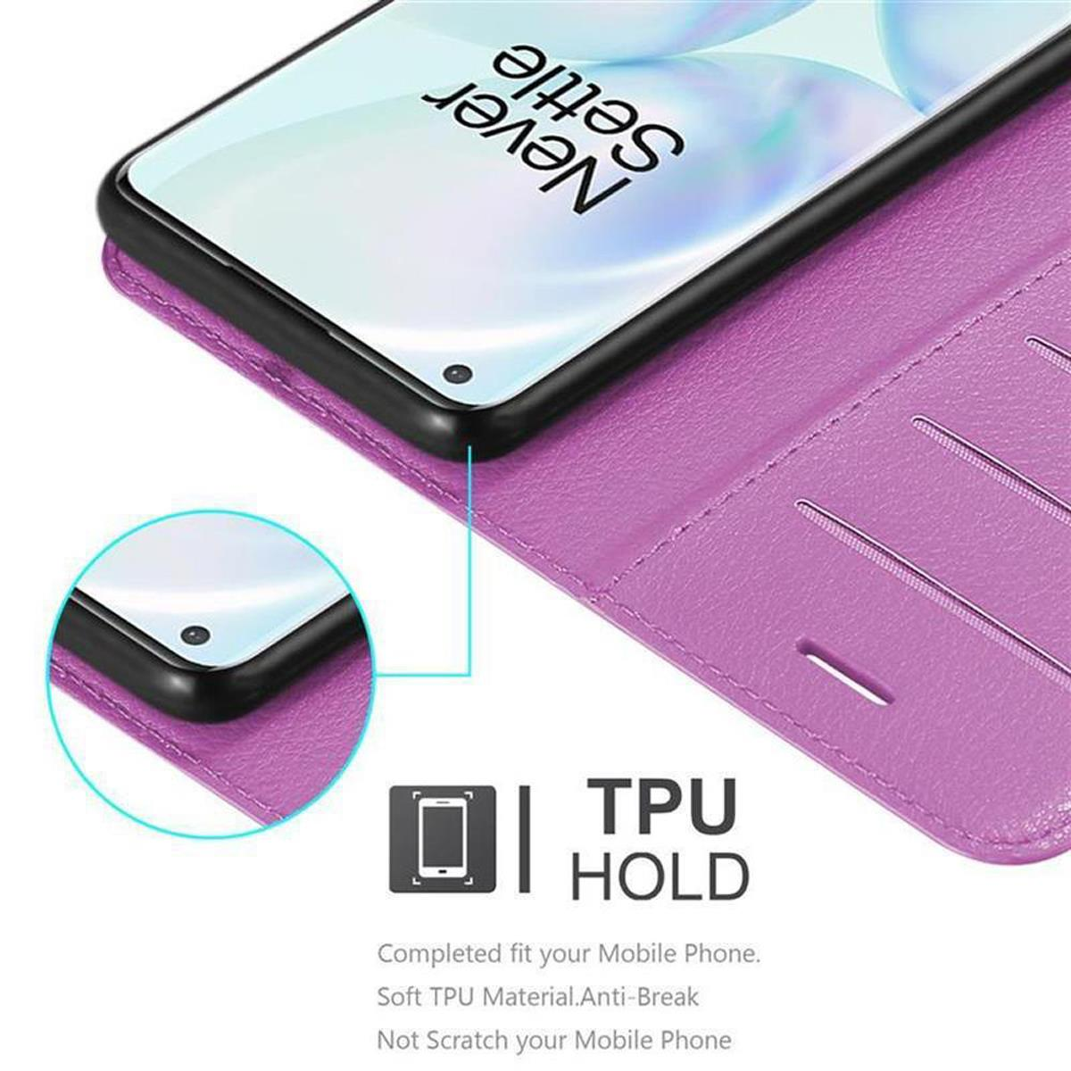 Custodia viola con telefono, con supporto TPU e testo a riguardo.