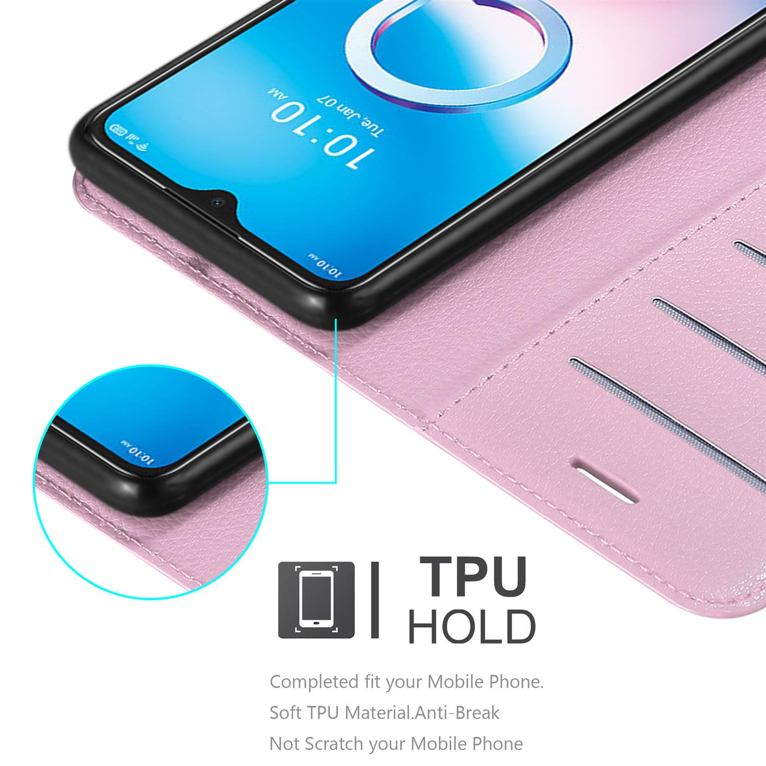 Custodia per telefono rosa con un telefono all'interno. La custodia è aperta. Sfondo bianco.