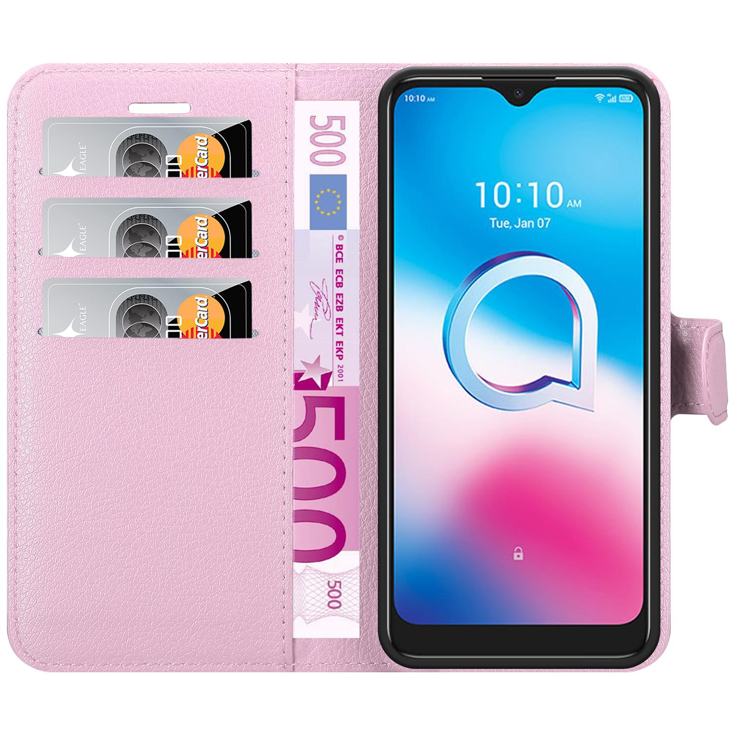 Una custodia per telefono rosa è aperta, rivelando un telefono. Ci sono tre slot per schede e uno slot per soldi.