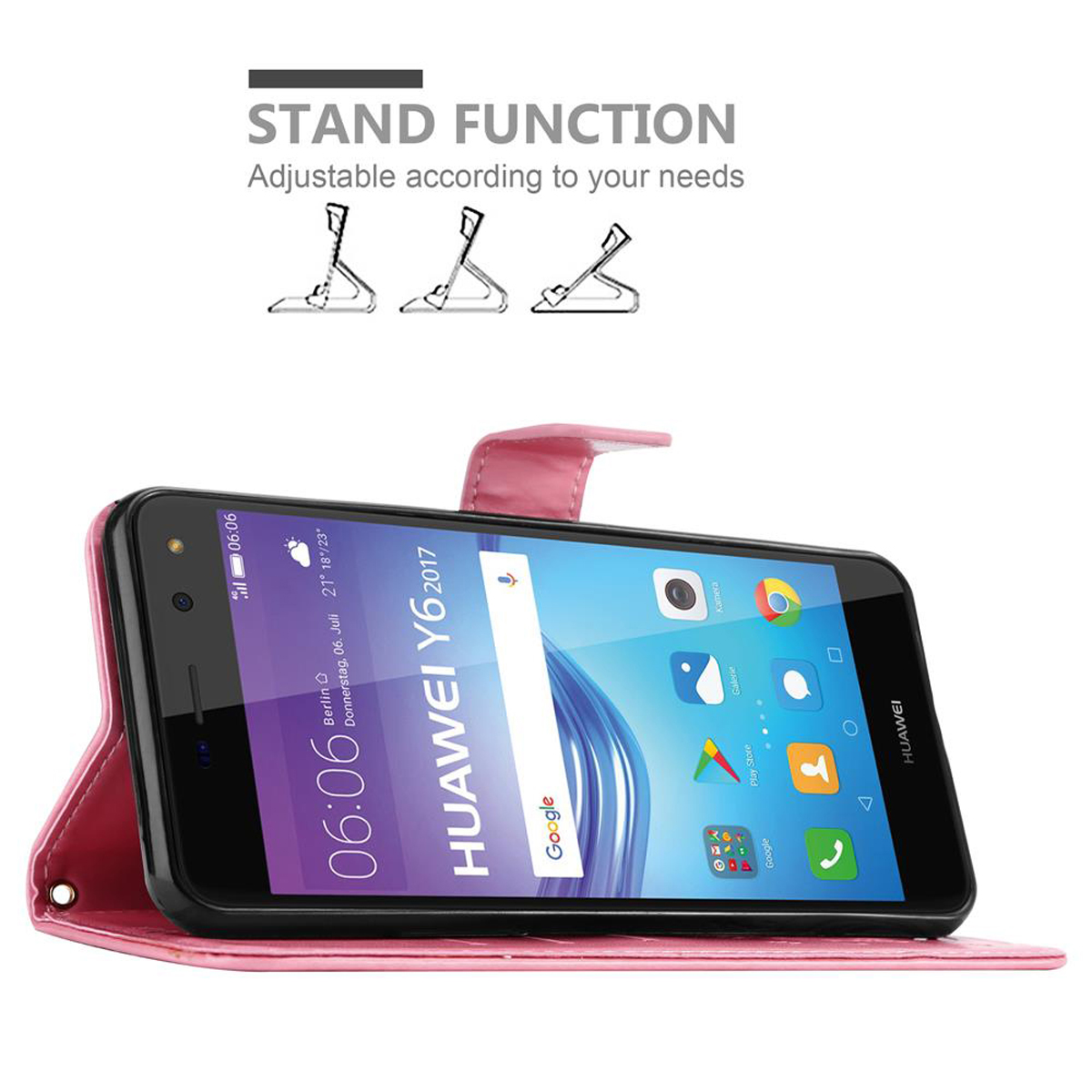 Un telefono in una custodia rosa, con funzione supporto. Testo sullo schermo: HUAWEI Y6 2017.