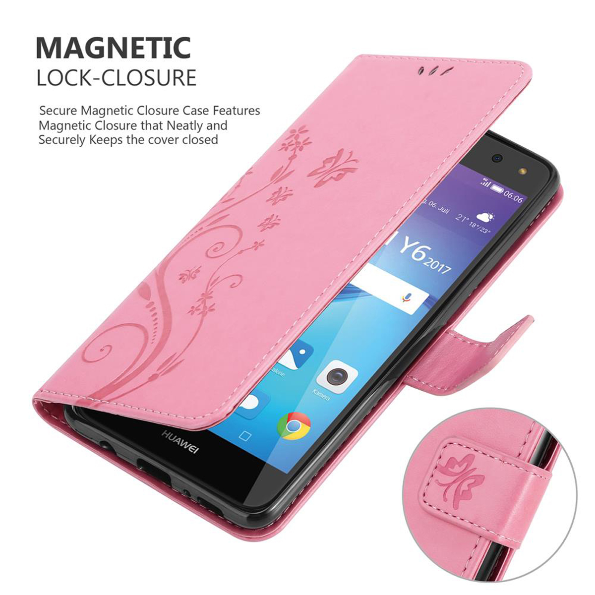 Custodia rosa aperta, design floreale, telefono che mostra ora, data e app fotocamera.