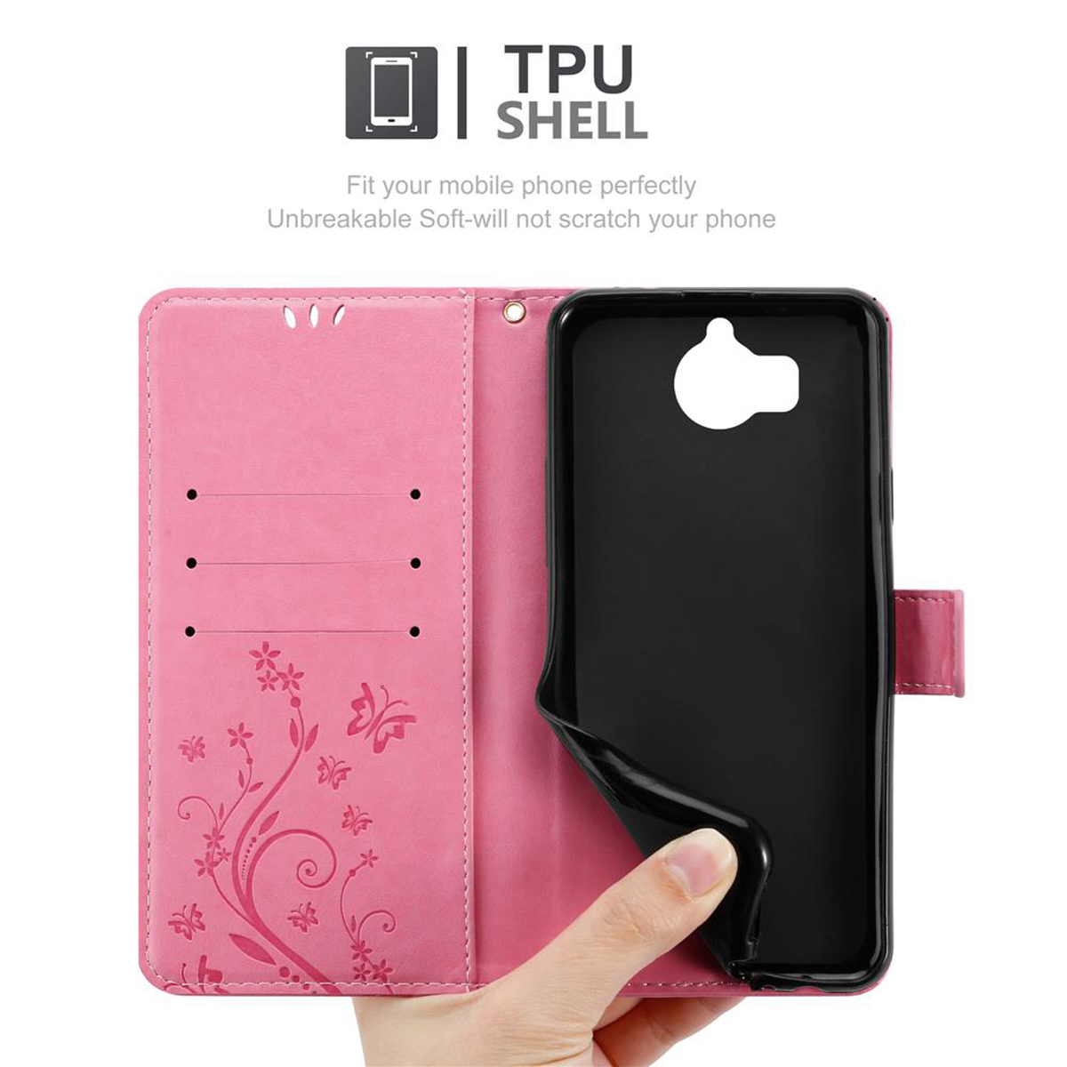 Una custodia per telefono rosa con un design floreale. All'interno è visibile un telefono. La custodia è aperta e fissata con un fermaglio.