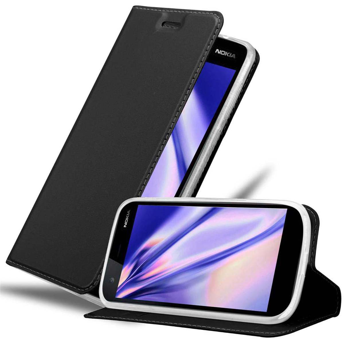 Custodia nera per telefono con il telefono all'interno. Il coperchio è aperto. Il telefono ha una cornice bianca.
