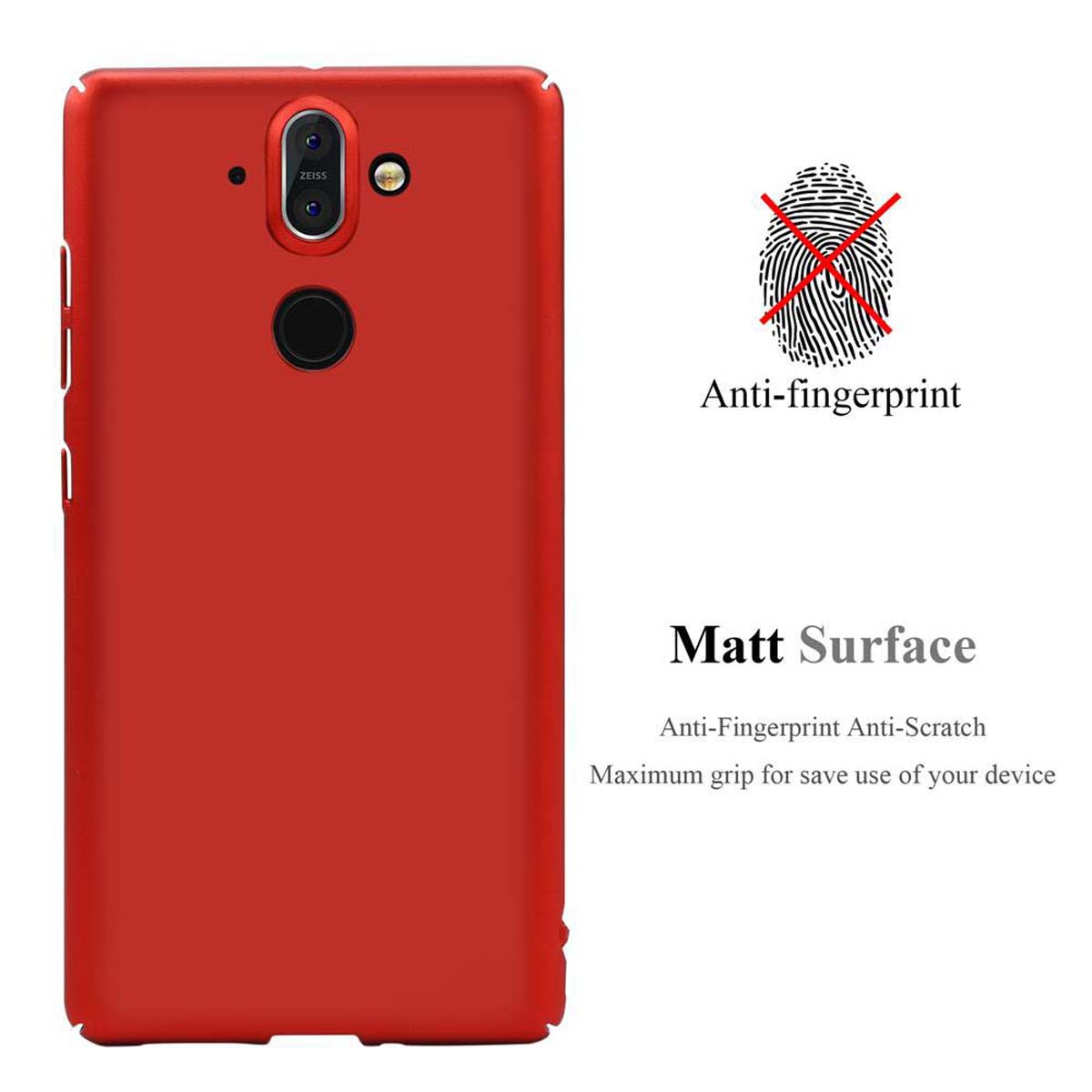 Rote Handyhülle. Text: Anti-Fingerabdruck Matt Oberfläche. Rote Hülle hat Fingerabdrucksymbol.