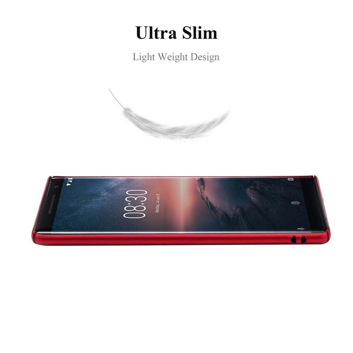 Ein rotes Telefon mit einer darüber fallenden Feder.