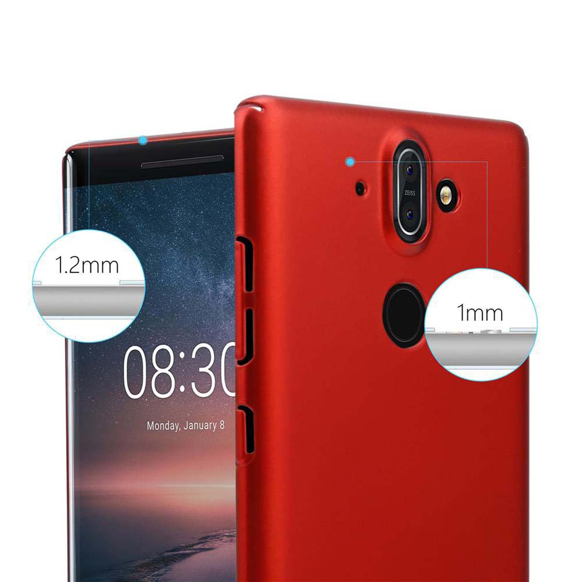 Zwei Telefone, eine rote Hülle und das andere mit der Anzeige der Uhrzeit. Die rote Hülle ist nah am Telefon.