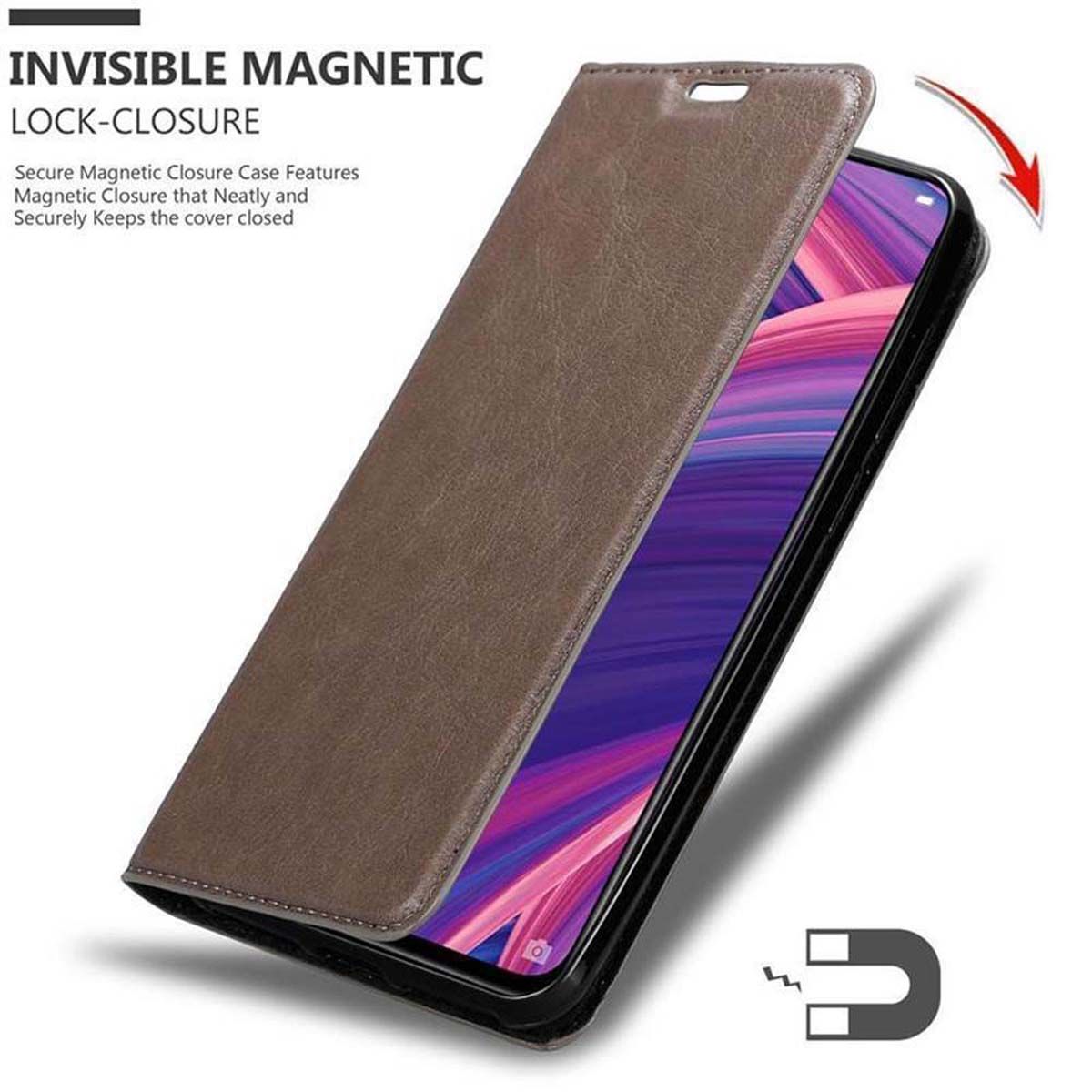 Custodia per telefono marrone. Aperta, che mostra il telefono. Il telefono viene inserito. Chiusura magnetica.