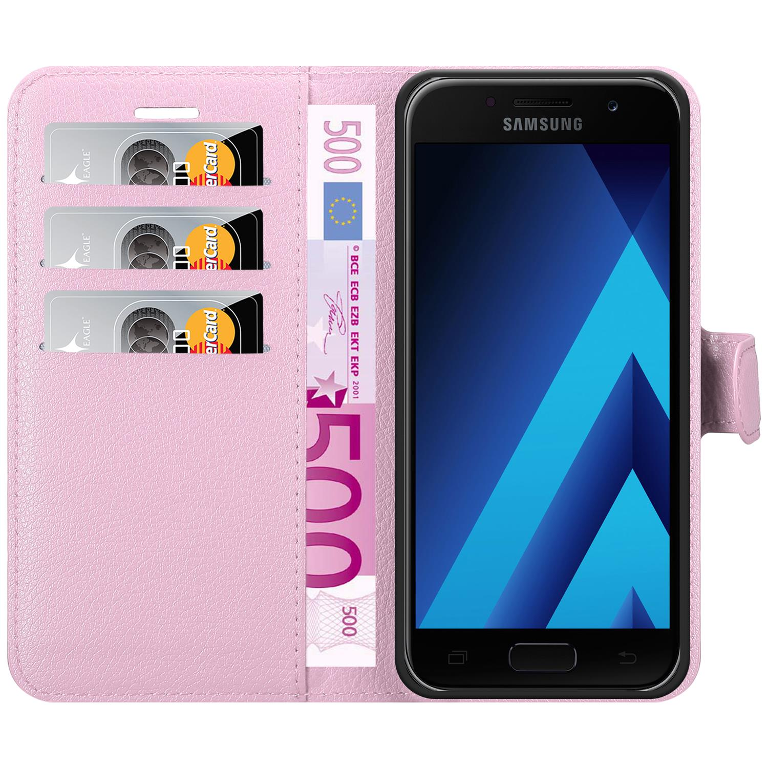 Offene rosa Handyhülle mit Telefon und Kartenfächern. Enthält Karten und einen 500-Euro-Schein. Samsung-Telefon.