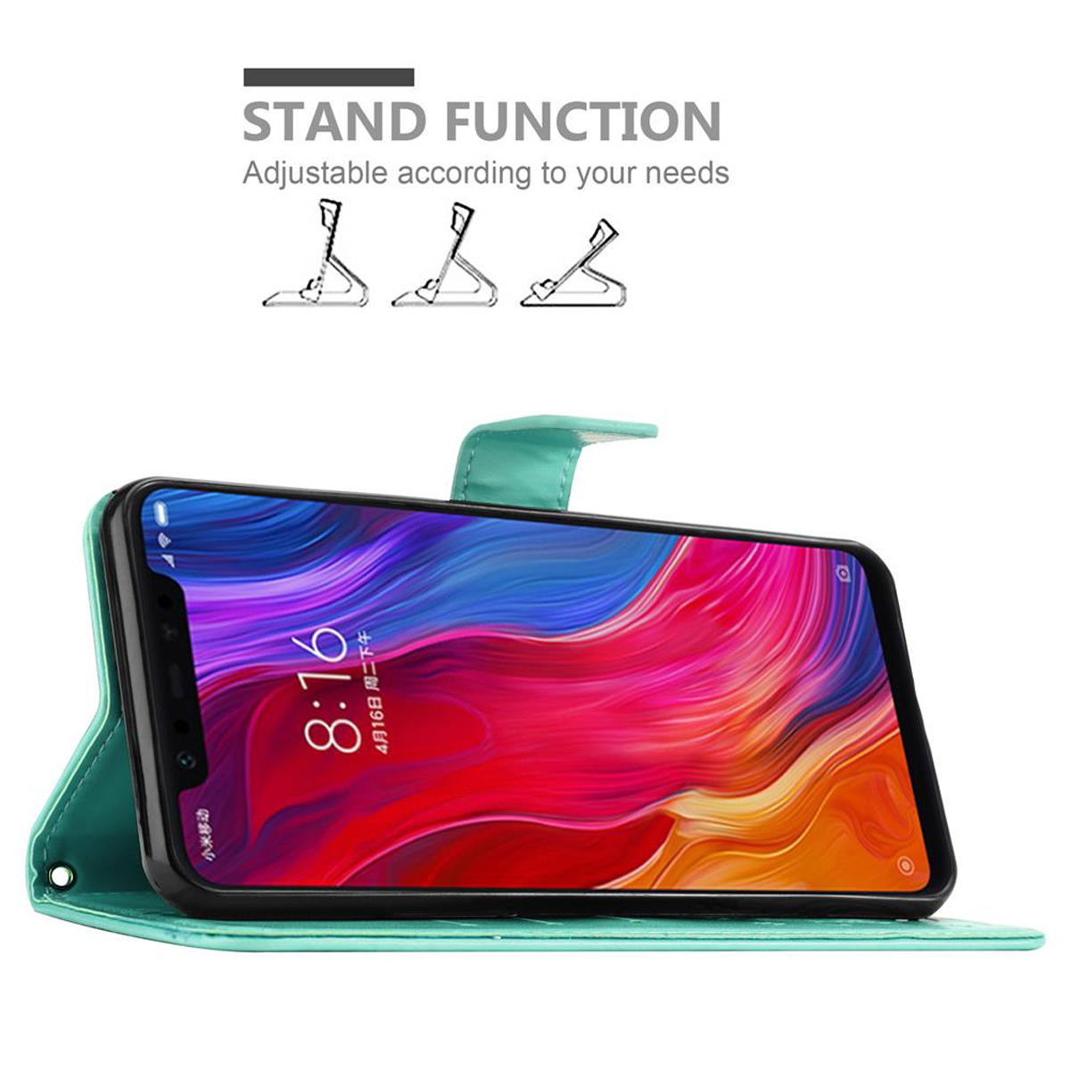 Una custodia per telefono verde acqua, aperta per rivelare uno schermo colorato che mostra l'ora. La custodia ha una funzione di supporto.