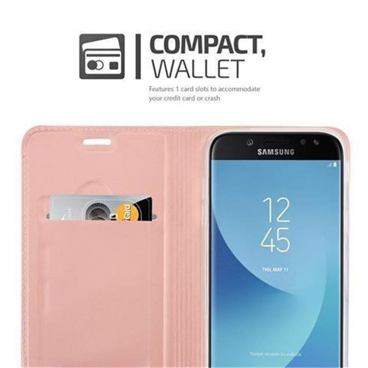 Custodia a portafoglio rosa, aperta, con una carta, telefono dentro, sfondo bianco.