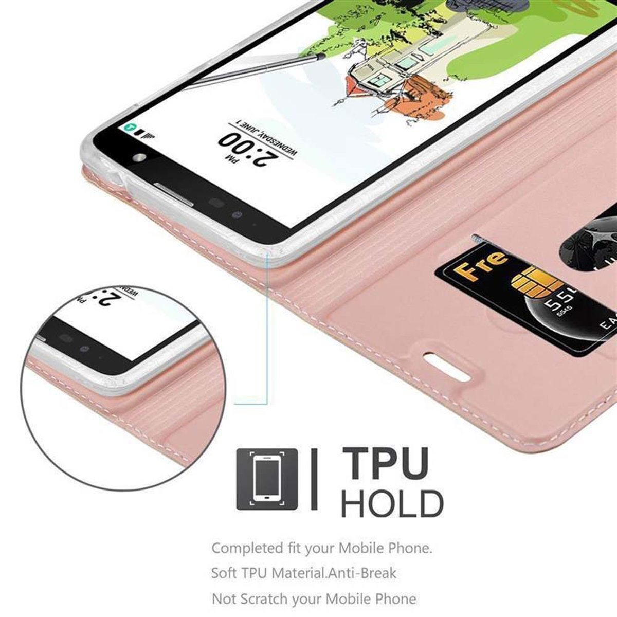 Custodia rosa con telefono all'interno e testo su TPU Hold.