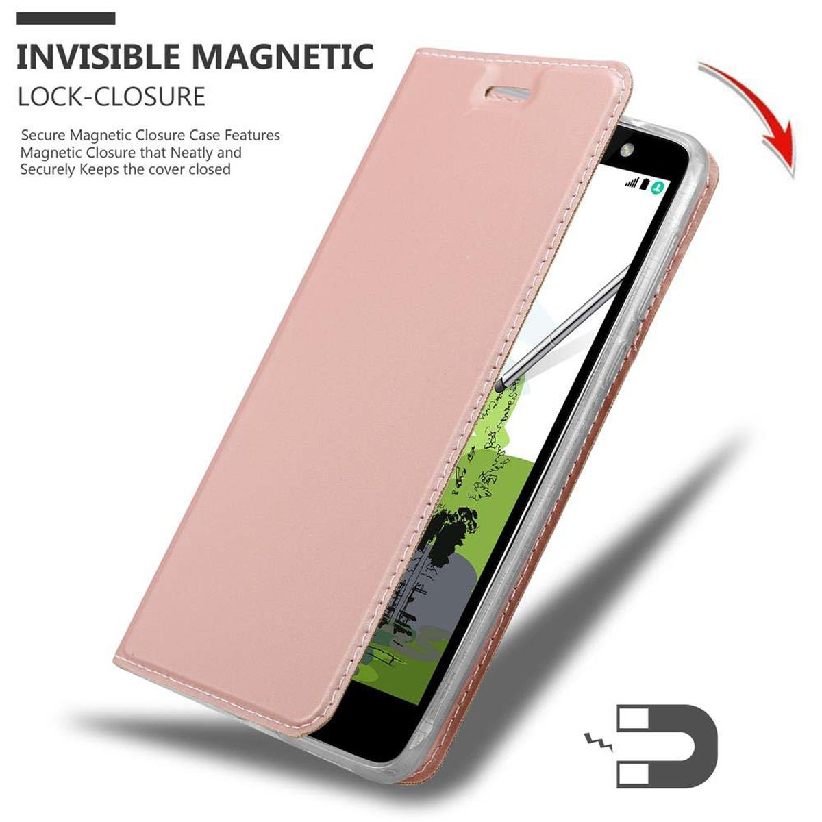 Custodia rosa per telefono aperta, che rivela il telefono. Chiusura magnetica. Bianco.