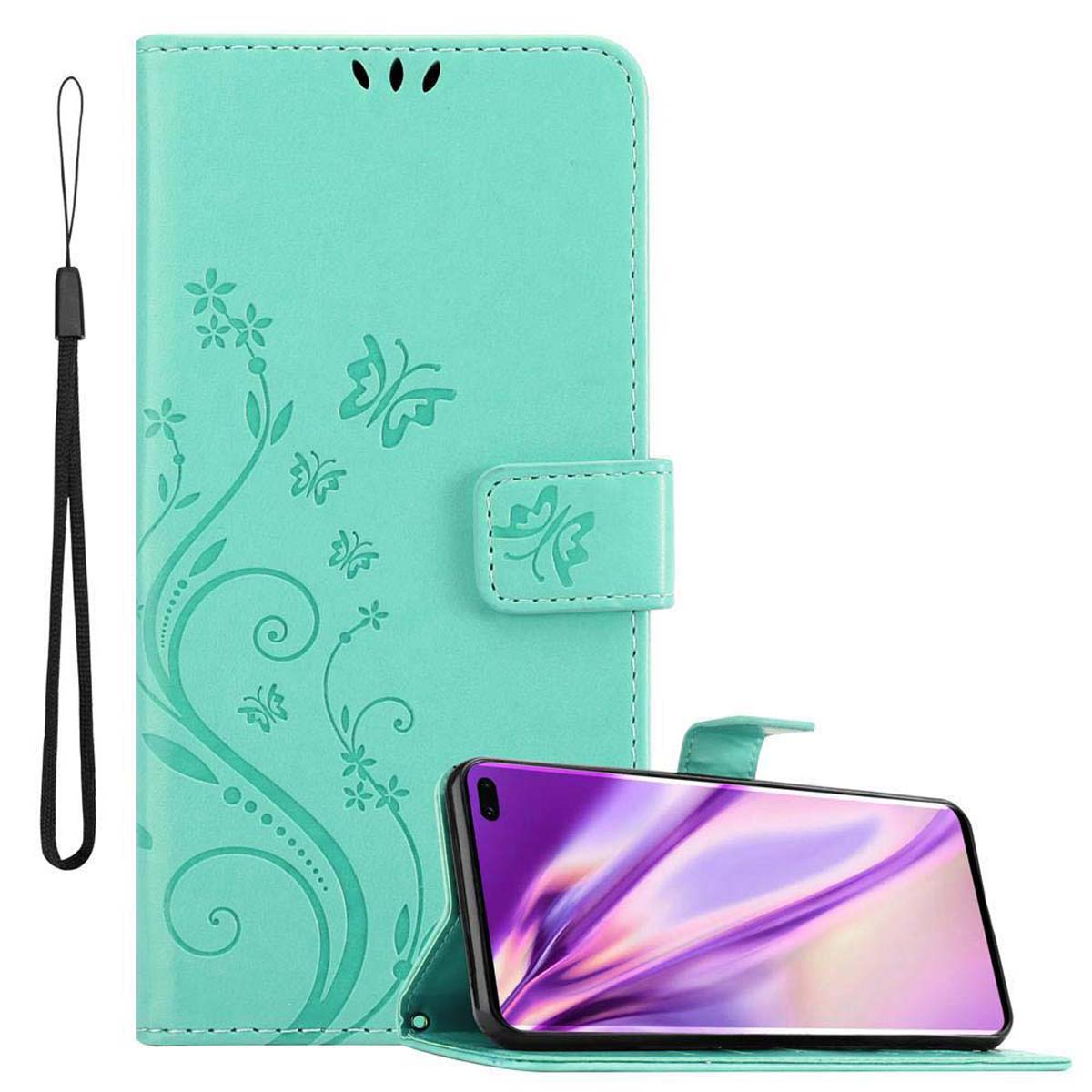 Türkisgrüne Handyhülle mit Telefon. Schmetterlingsdesign und Riemen.