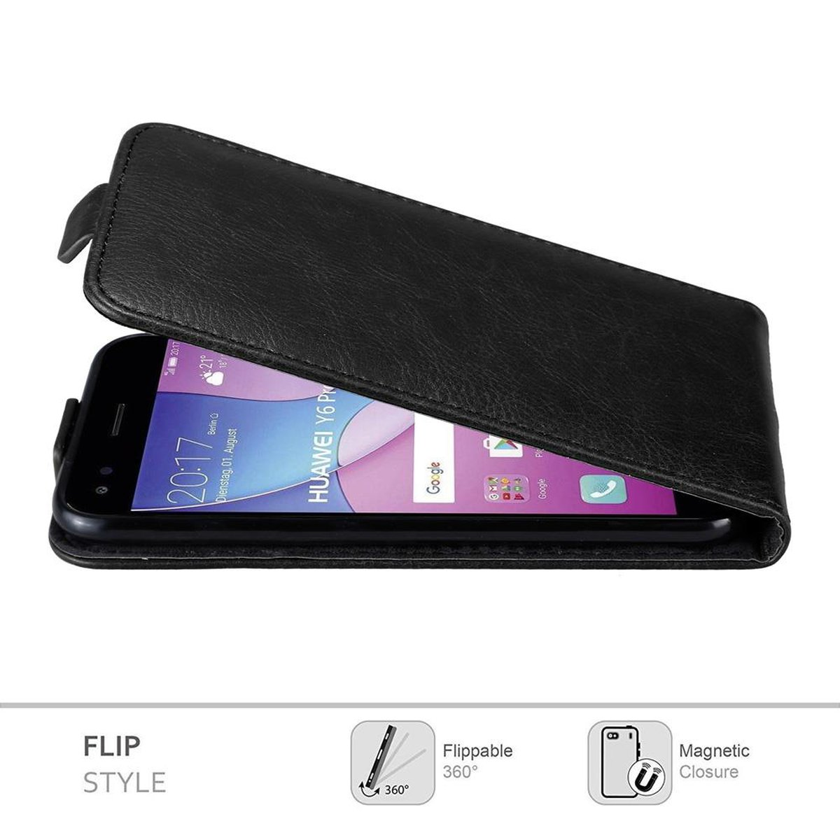 Schwarze Klapphandy-Hülle geöffnet. Zeigt ein Telefon. Klappstil und Magnetverschluss werden hervorgehoben.