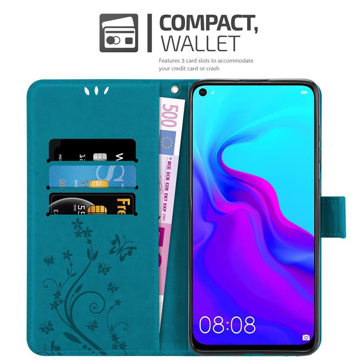 Una custodia per telefono verde acqua, con un telefono, carte e una banconota da 500 euro. Testo: COMPACT, WALLET.