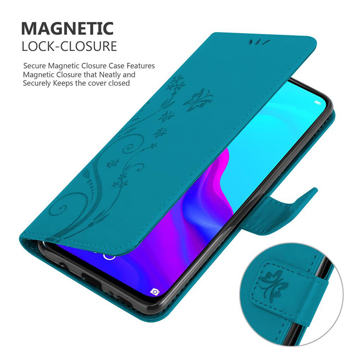 Una custodia per telefono verde acqua aperta con un telefono all'interno. La custodia ha disegni floreali e una chiusura magnetica.