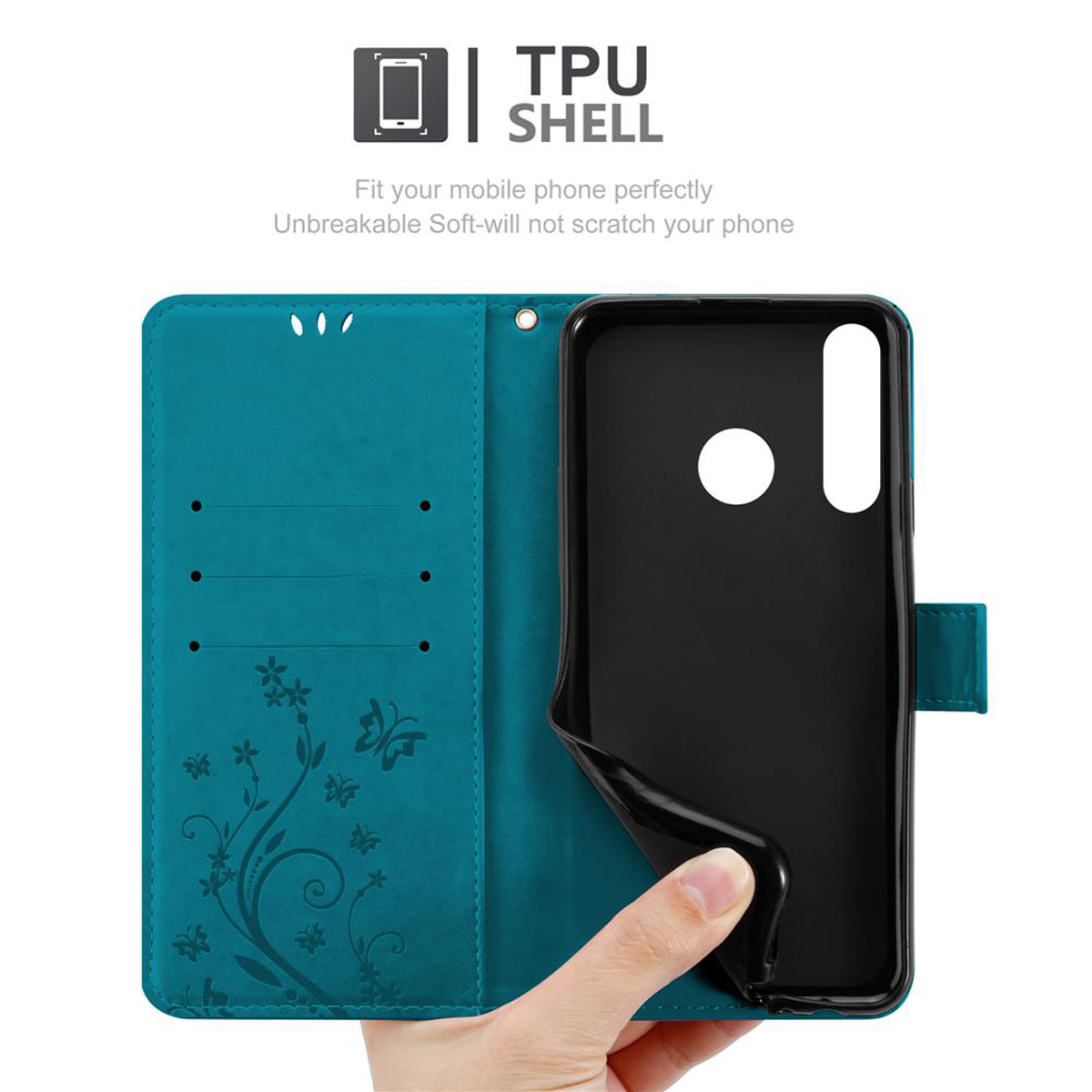 Custodia per telefono turchese con design floreale, aperta, che mostra supporto e testo.