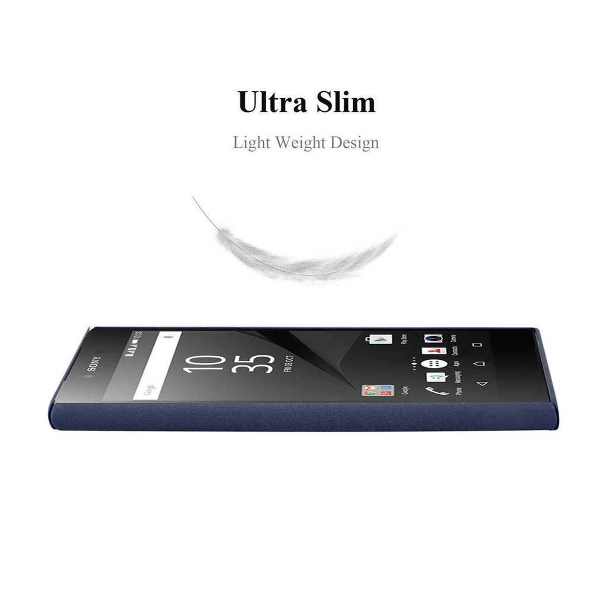 Eine schlanke blaue Handyhülle mit einer Federgrafik. Das Telefon befindet sich auf weißem Hintergrund, mit dem Text 'Ultra Slim'.