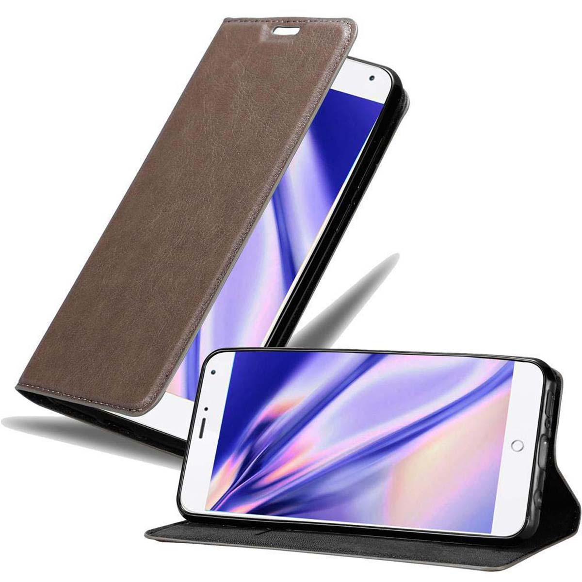 Dos teléfonos en fundas de cuero marrón. Uno abierto para mostrar la pantalla, el otro mostrado.