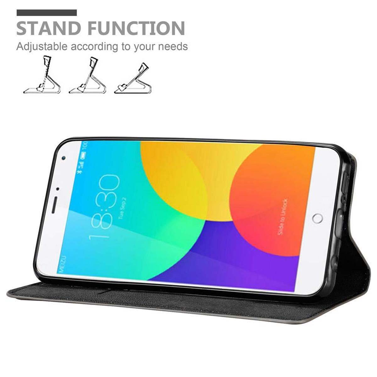 Un teléfono en una funda negra está abierto, mostrando una pantalla colorida.