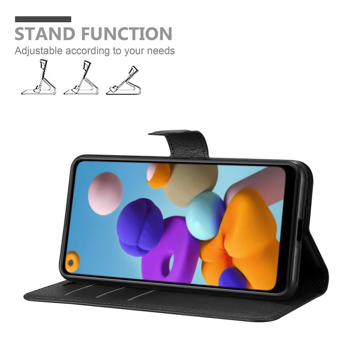 Telefono nero in una custodia di pelle, aperto per mostrare lo schermo con forme astratte colorate. Funzione stand.