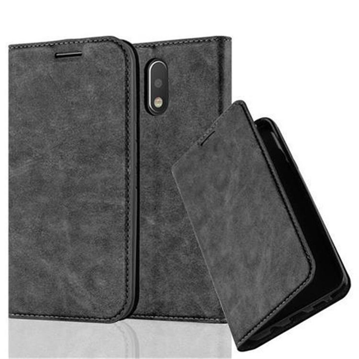Tres fundas de teléfono gris oscuro. Una está abierta.