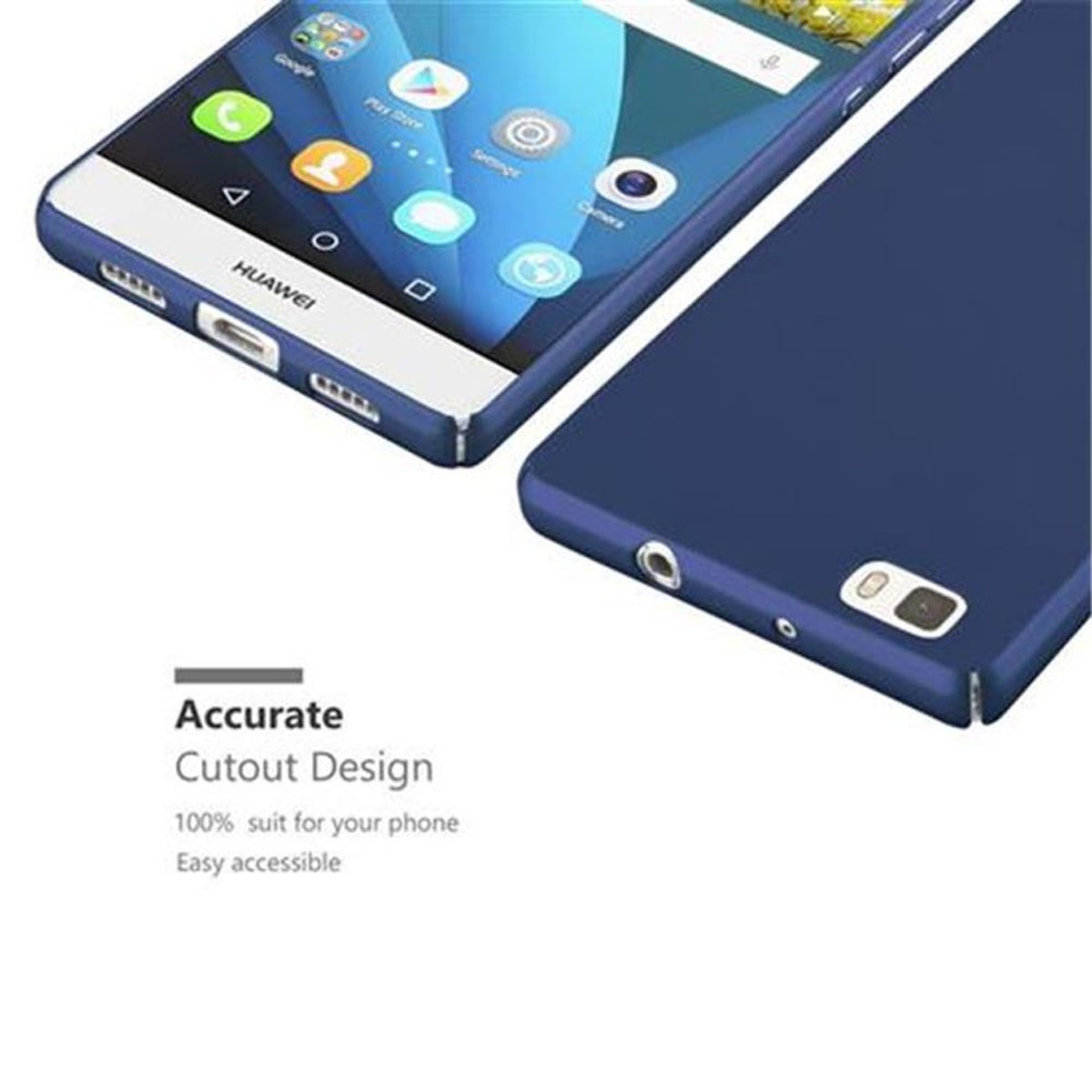 Dos smartphones con cubierta trasera azul. Uno está al frente y el otro está abajo. Fondo blanco.