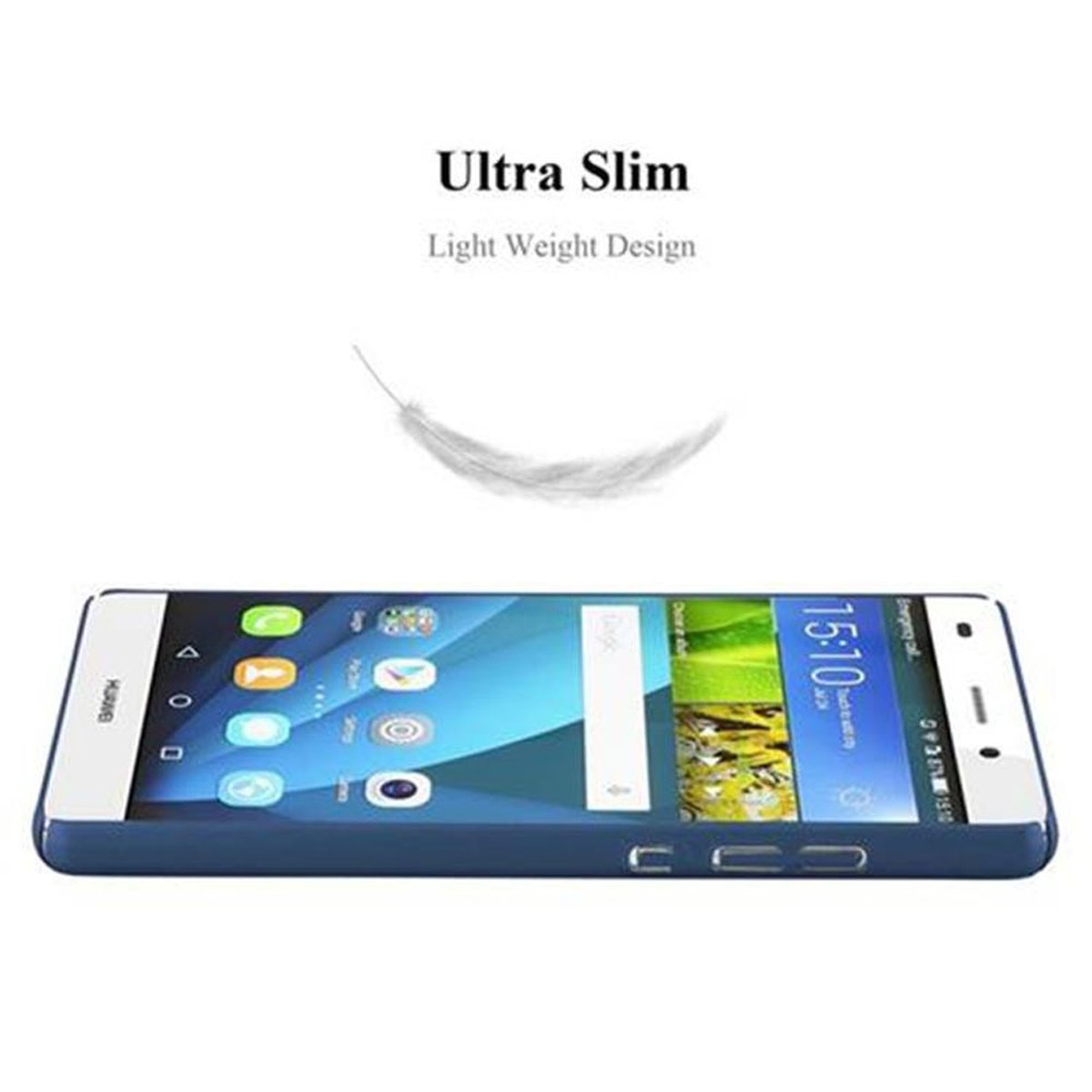Una funda azul para teléfono con un teléfono dentro. Una pluma está encima del teléfono. Se muestran las palabras 'Ultra Slim'.