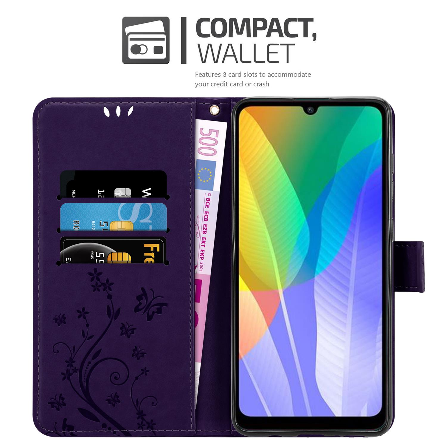 Custodia a portafoglio per telefono viola aperta, con carte e denaro. Il telefono è visibile.