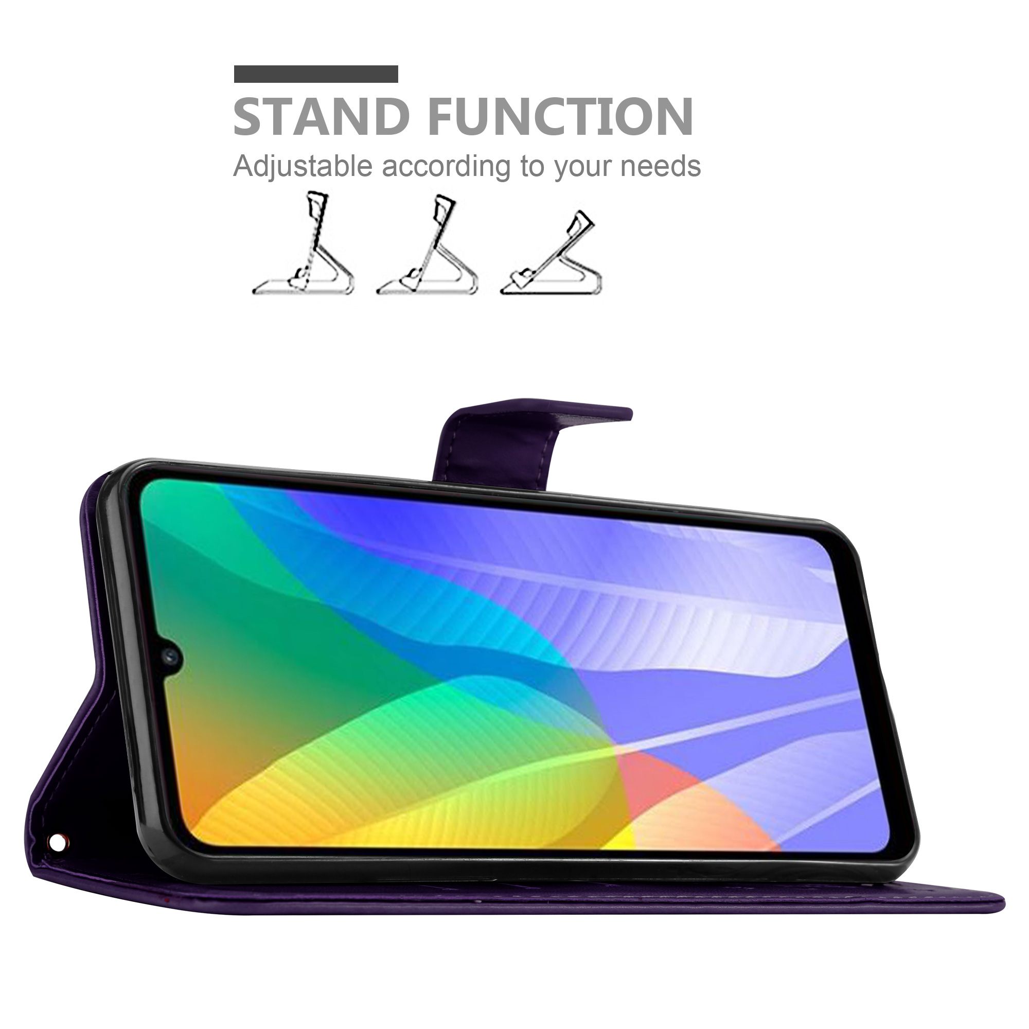 Custodia per telefono viola aperta, telefono configurato con funzione stand, funzione stand visualizzata.