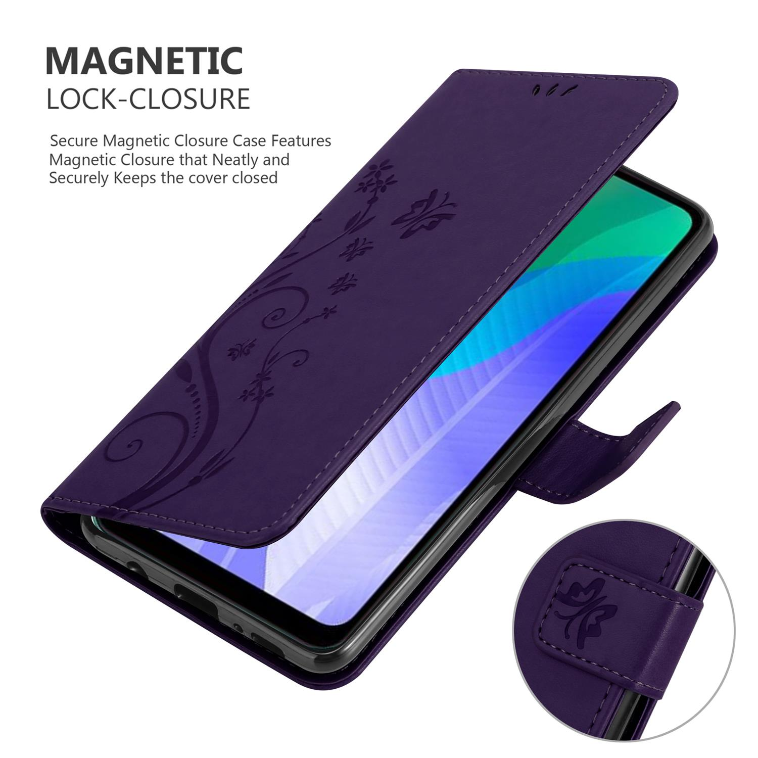 Custodia viola, aperta, design floreale, chiusura magnetica, telefono dentro.
