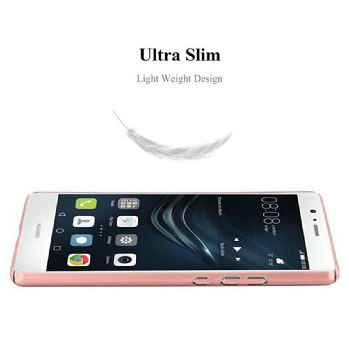 Un telefono rosa con una piuma e il testo che dice, Ultra Slim, Light Weight Design.