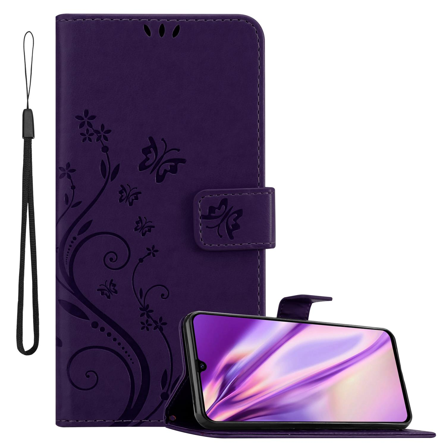 Custodia viola per telefono con design a farfalla. Un telefono nella custodia, con schermo viola.