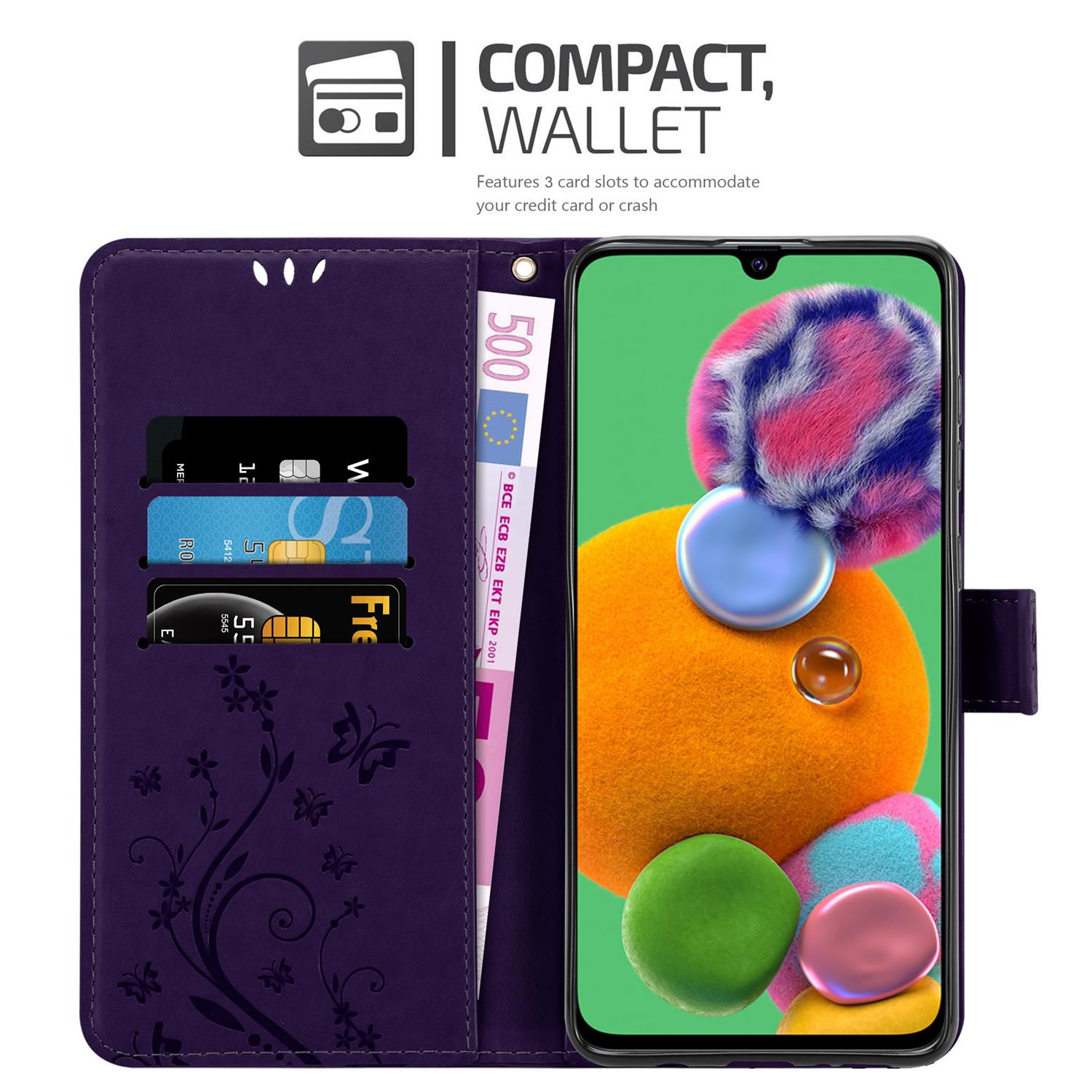 Custodia a portafoglio viola con telefono, carte e denaro. Il telefono mostra un'immagine astratta colorata. Sfondo bianco.