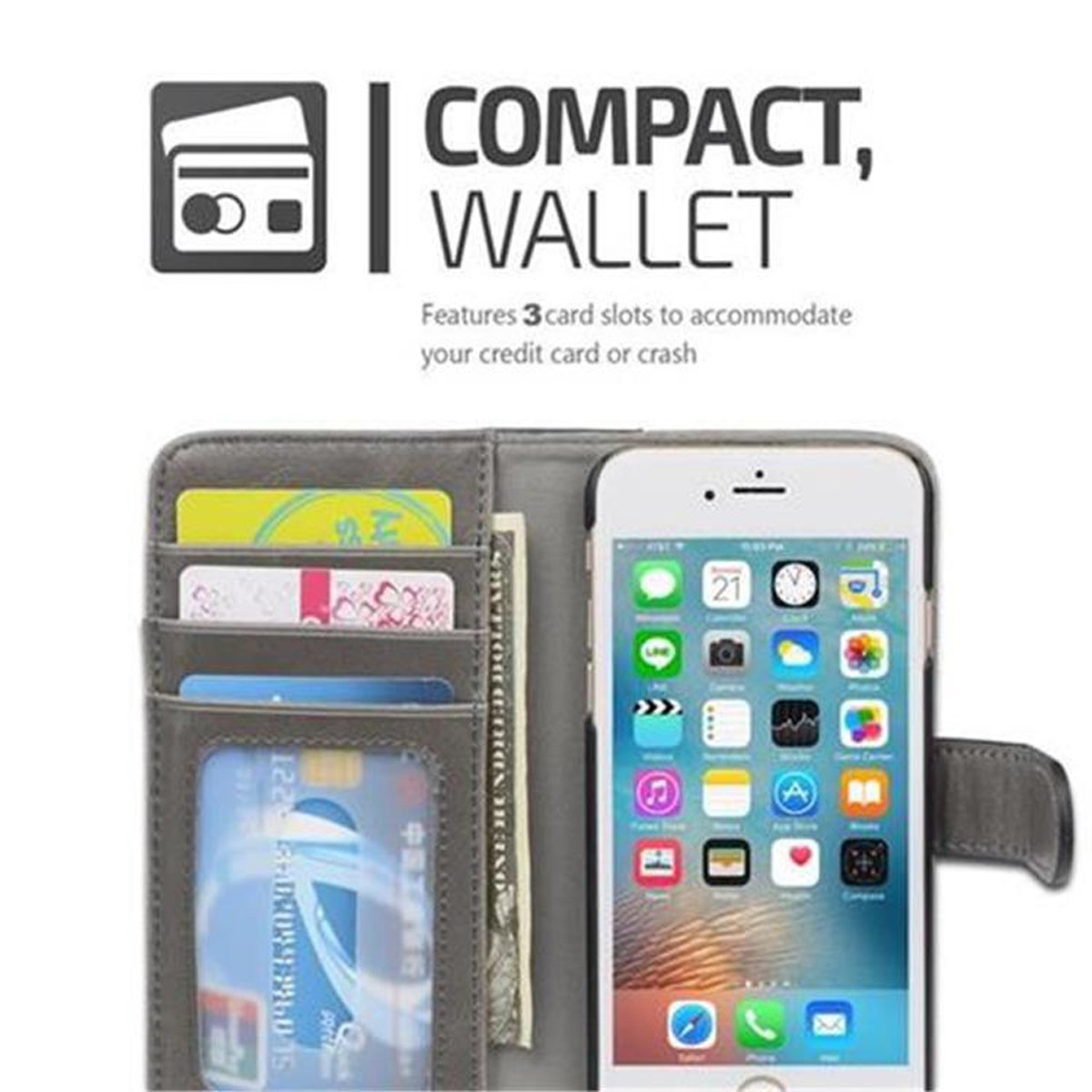 Custodia grigia con telefono aperto. La custodia ha fessure per carte e mostra lo schermo del telefono.