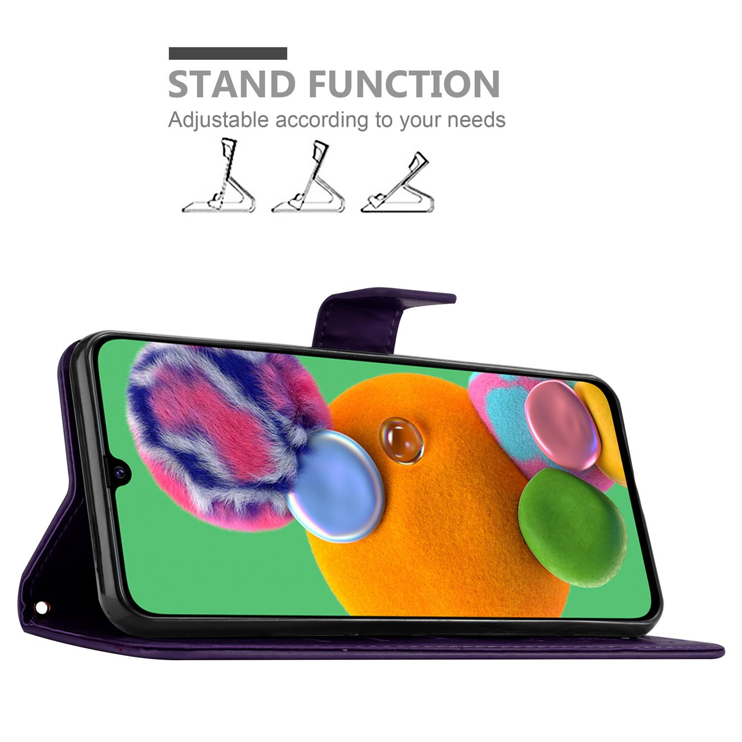 Custodia per telefono viola con telefono all'interno e funzione supporto. Schermo del telefono visibile con forme astratte colorate.
