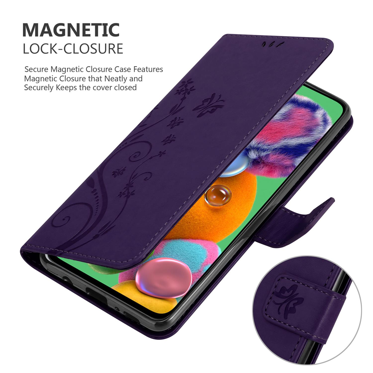 Custodia per telefono viola con design floreale e telefono aperto con schermo.