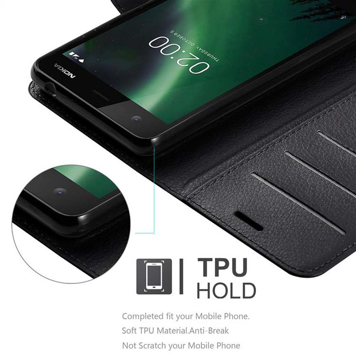 Schwarzes Telefon in Hülle. Text: TPU-Halterung. Telefonbildschirm zeigt Uhrzeit und grünen Hintergrund.