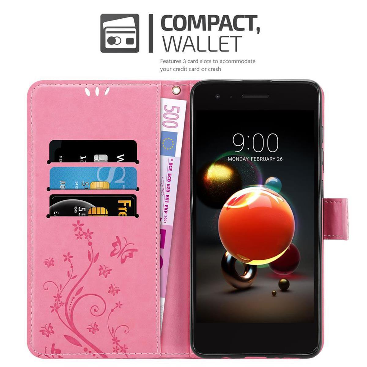 Custodia rosa, aperta, con telefono e fessure per carte di credito. Design floreale, stile portafoglio.