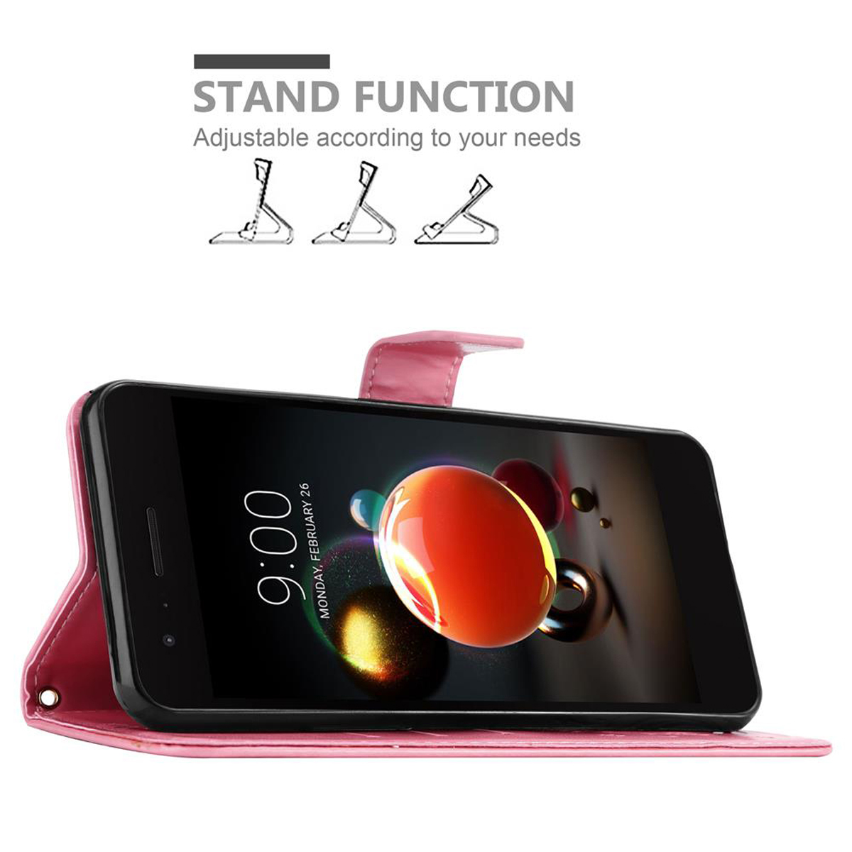Custodia rosa per telefono, telefono in vista orizzontale, che mostra uno schermo con un'immagine simile a un pianeta arancione.