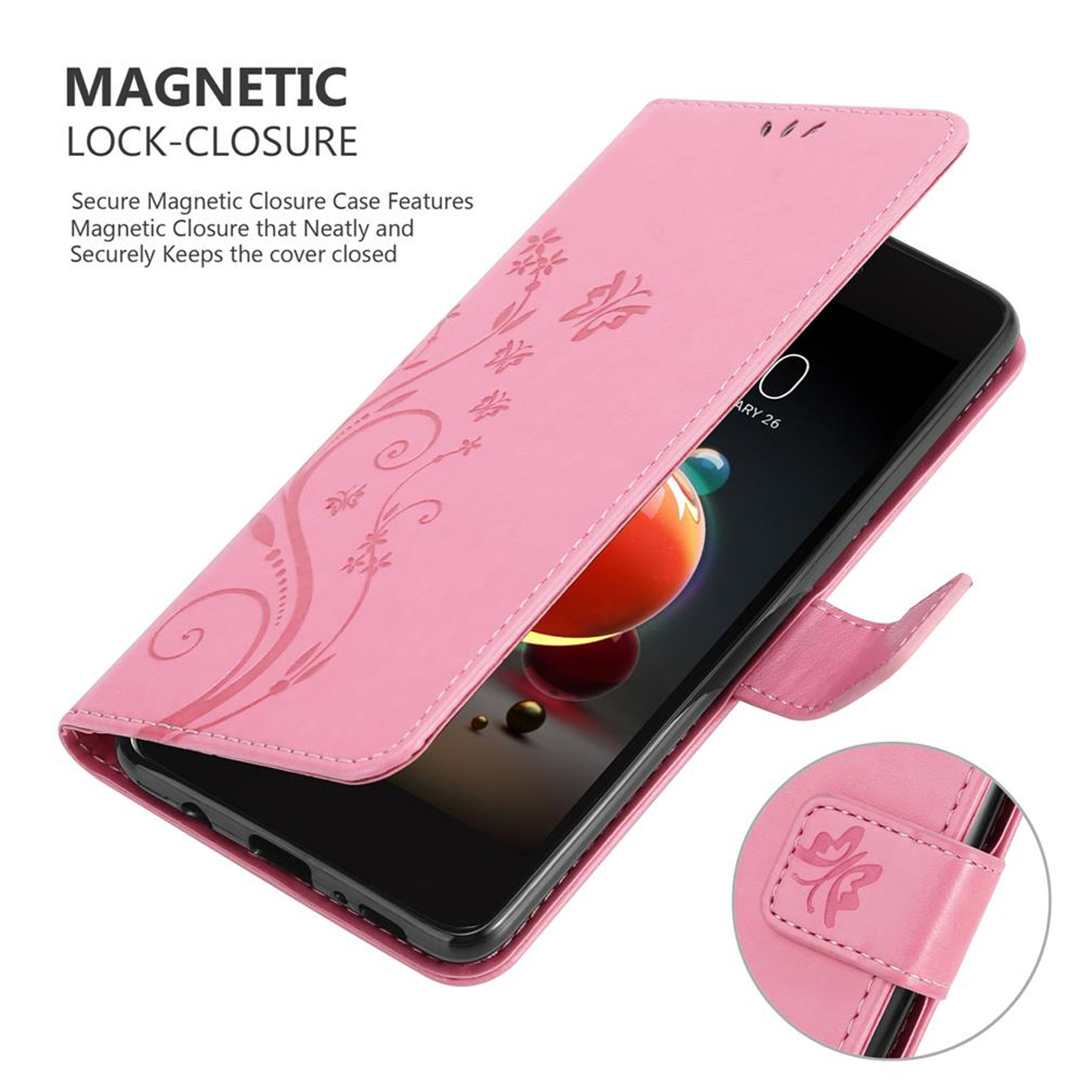 Custodia rosa per telefono con design floreale, aperta per rivelare un telefono con display.